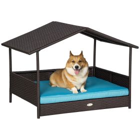 Wicker Dog House Outdoor with Canopy, Rattan Dog Bed with Water-resistant Cushion, Raised Pet Bed for Small, Medium Breeds up to 66 lbs, 20" in (Option: Blue-830x175x690 mm)